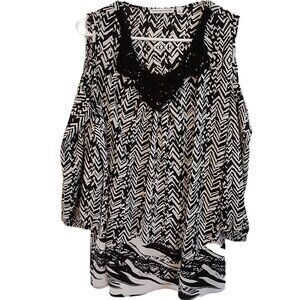 Notations Blouse Size XL Black White Pullover Open Shoulder Sleeves Scoop Neck